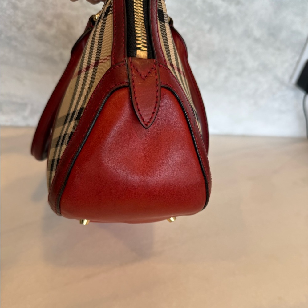BURBERRY Vintage Haymarket Check Satchel with Red Leather Trim Handbag - Picture 9 of 17